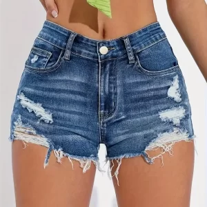 Women's denim shorts with ripped holes, washed with water, elastic blue frayed edges, summer versatile jeans