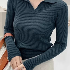 2025 Knitted Sweater Hoodie for Women with Long Sleeves and an Elegant Collar Comparison Knitted Top for Women with Tight Ribbed Hoodie